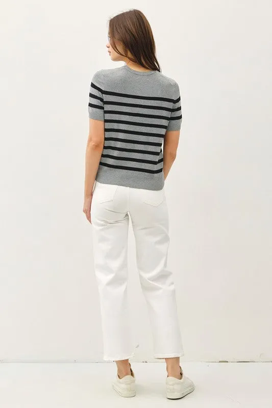 Lining Things Up Charcoal Striped Short Sleeve Sweater Top