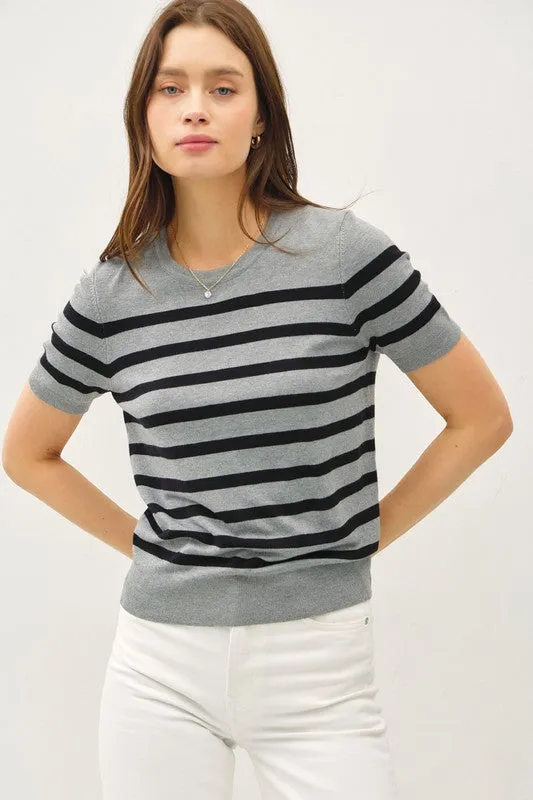 Lining Things Up Charcoal Striped Short Sleeve Sweater Top