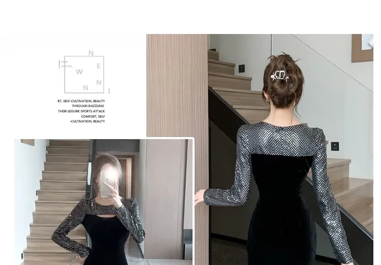 Long-Sleeve Crew Neck Sequined Cutout Bodycon Dress (Various Designs)