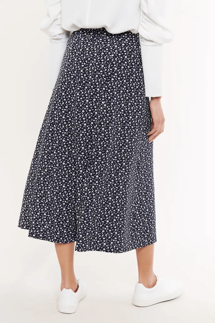 Louche Kiyo Forget Me Not Print Midi Skirt Navy