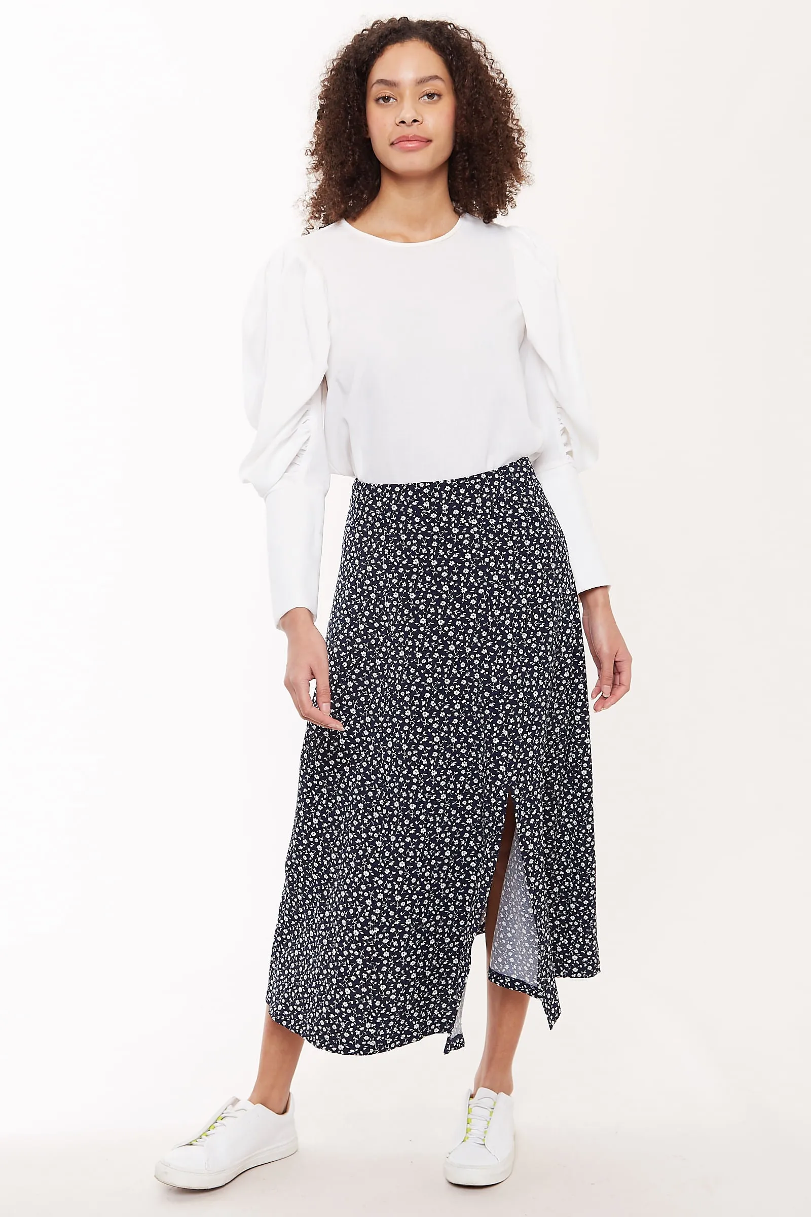 Louche Kiyo Forget Me Not Print Midi Skirt Navy