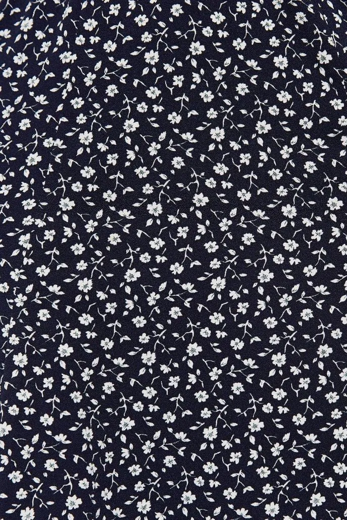 Louche Kiyo Forget Me Not Print Midi Skirt Navy