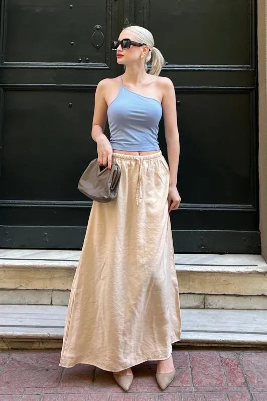 MDX Beige Elastic Waist Long Women's Skirt MG1979 - Lyon