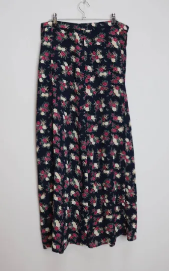 Navy Blue Floral Button-Down Midi-Skirt - L