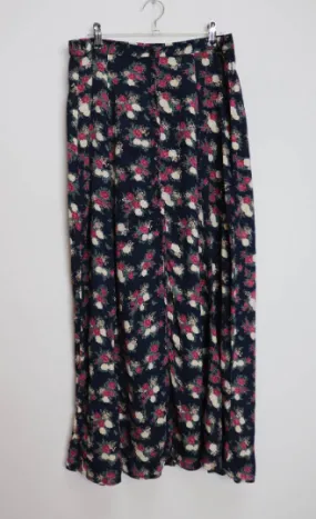 Navy Blue Floral Button-Down Midi-Skirt - L