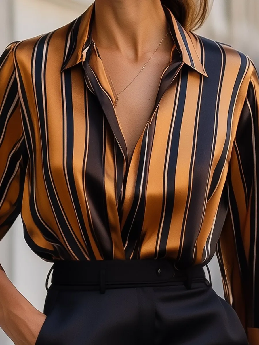 Orange Striped Satin Blouse