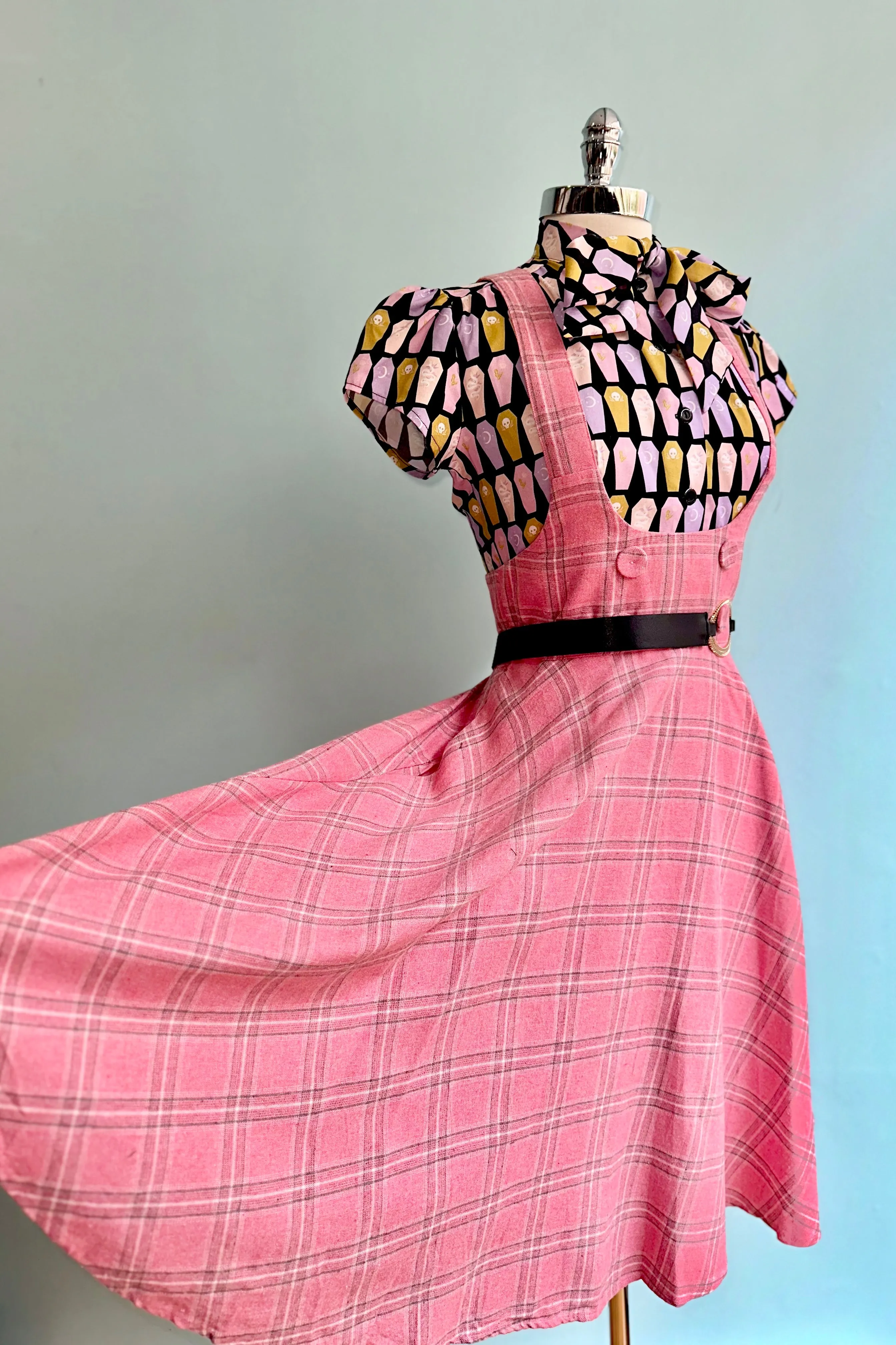 Pink Plaid High Waisted Pinafore Skirt by Voodoo Vixen