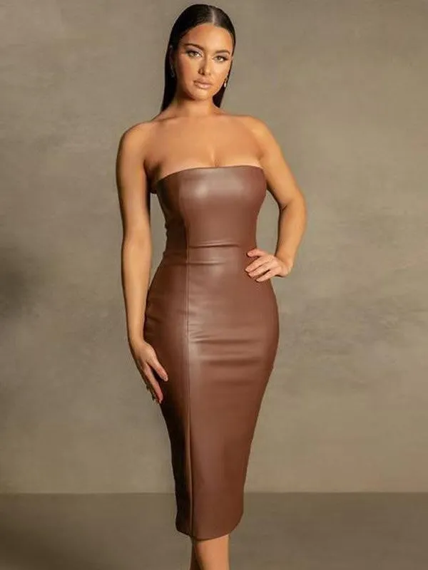 Pu Leather Tube Bodycon Slit Dress