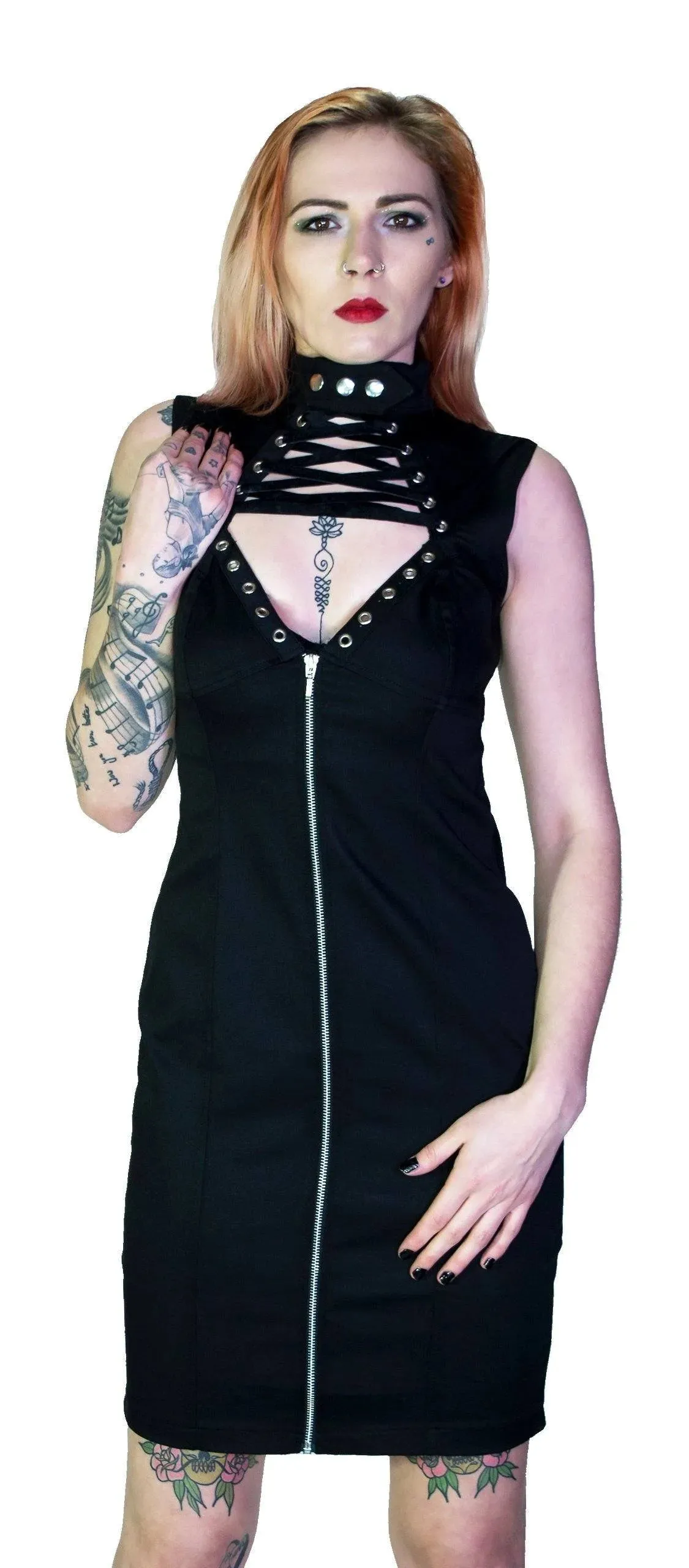 Ribbon Lace-up Choker Black Mini Dress - Margery