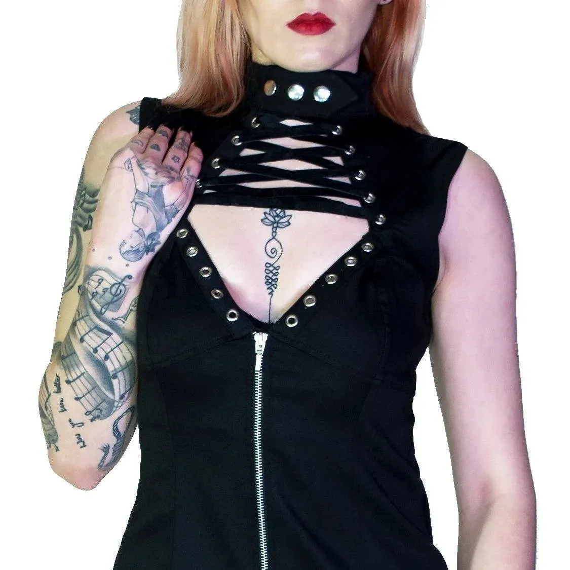 Ribbon Lace-up Choker Black Mini Dress - Margery