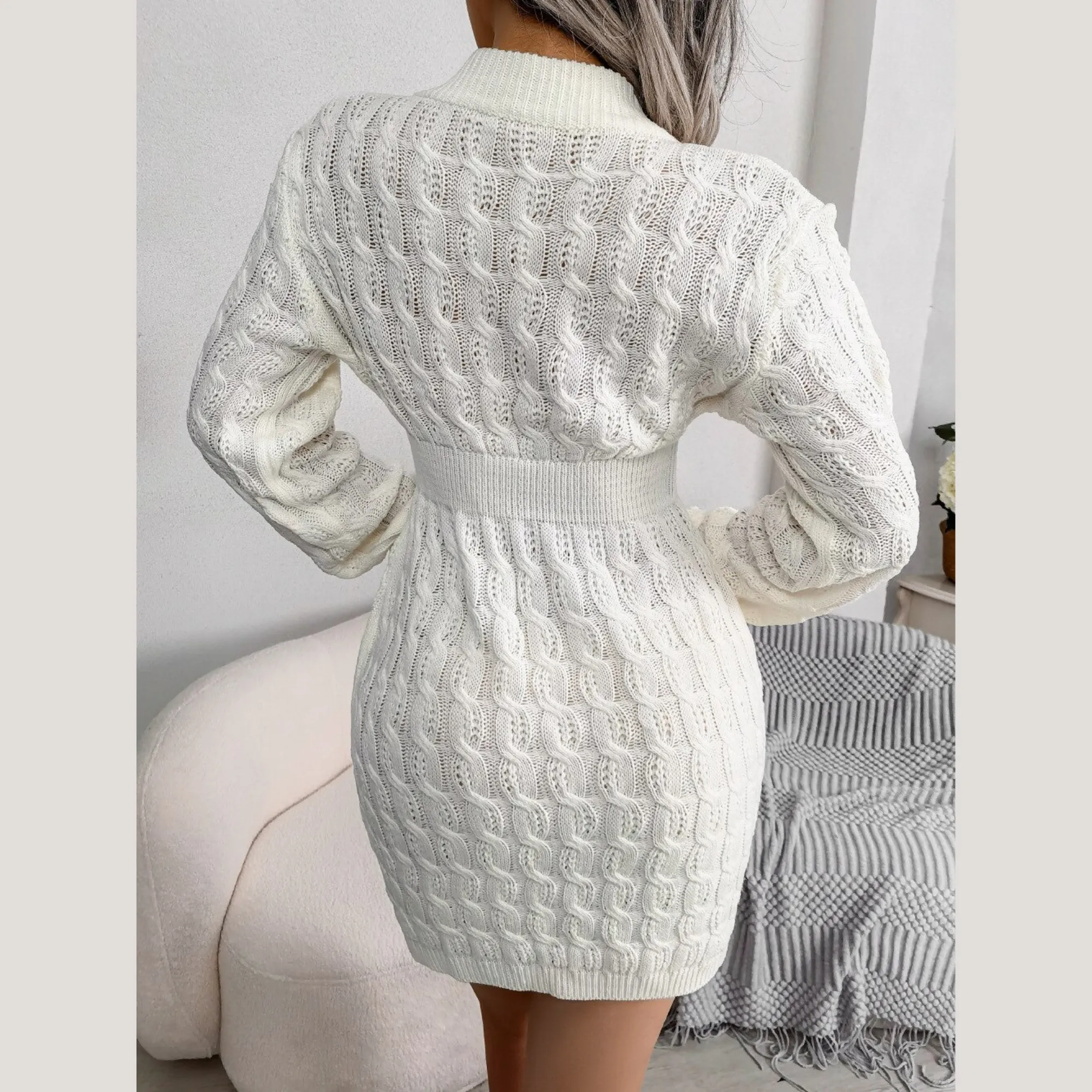 Samara - White Cable Knit Mini Sweater Dress