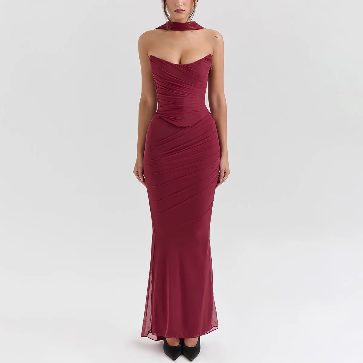 Sexy Boning Corset Tube Top Two-Piece Set with Scarf