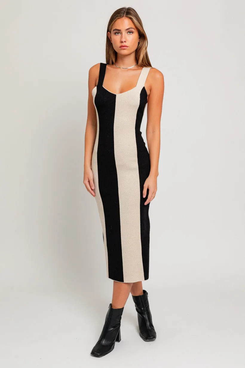 Sleeveless Color Block Sweater Midi Dress