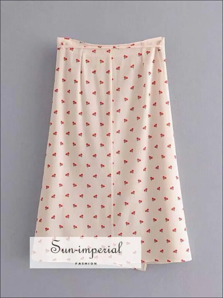 Sun-imperial Cherry Print Women Knee Length Skirt Summer High Waist Asymmetrical Falda Casual