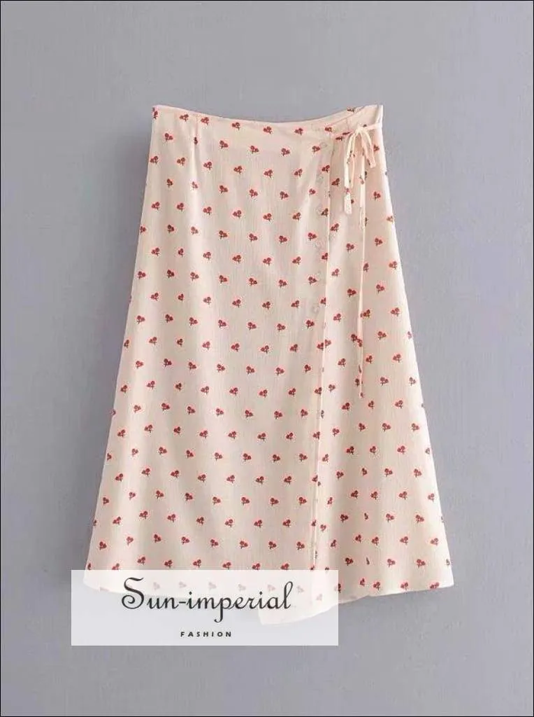 Sun-imperial Cherry Print Women Knee Length Skirt Summer High Waist Asymmetrical Falda Casual