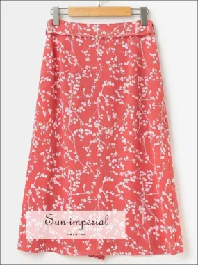 Sun-imperial Cherry Print Women Knee Length Skirt Summer High Waist Asymmetrical Falda Casual