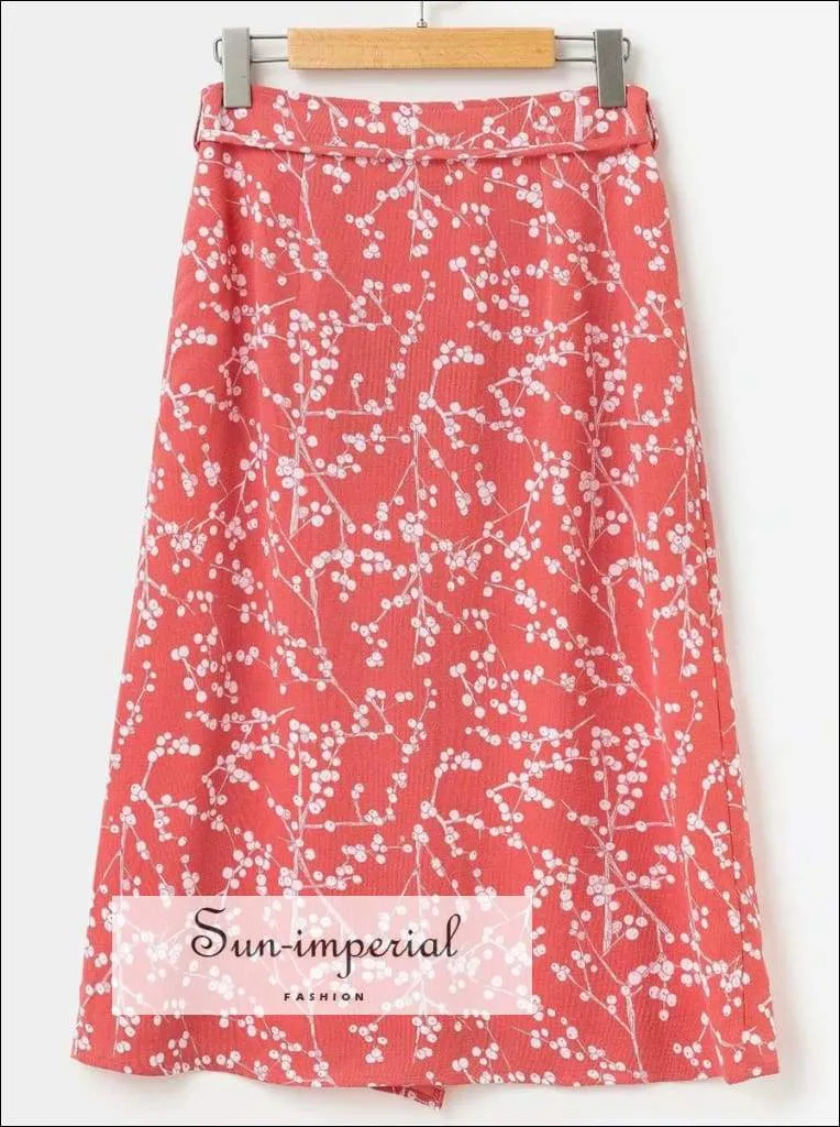 Sun-imperial Cherry Print Women Knee Length Skirt Summer High Waist Asymmetrical Falda Casual