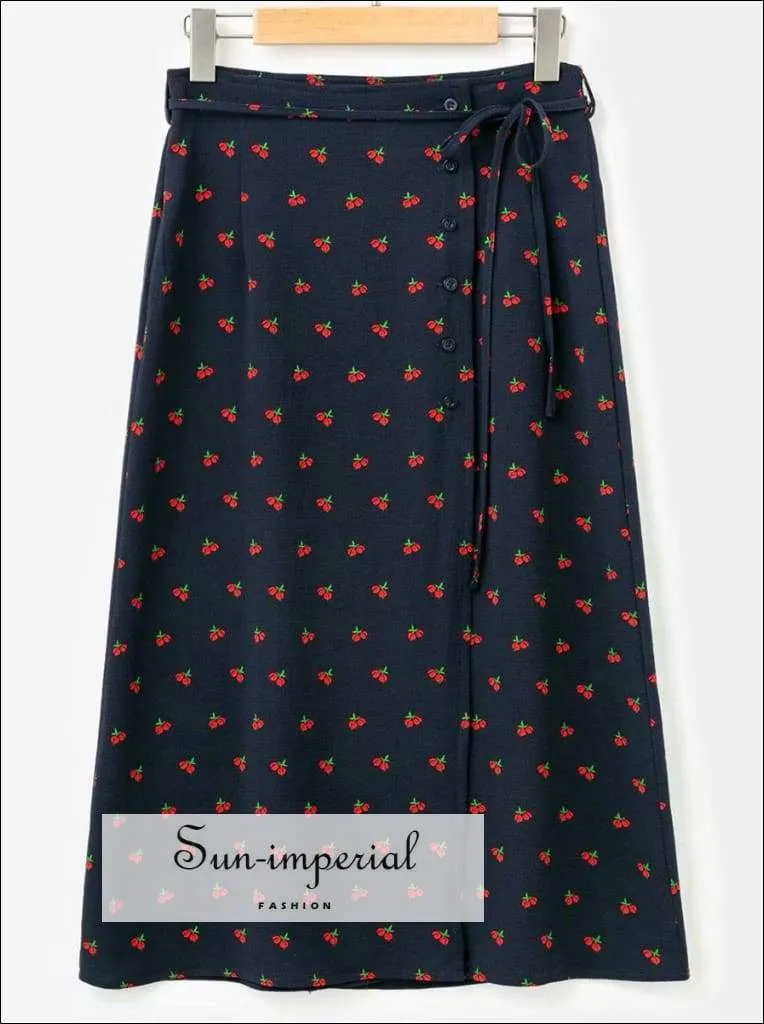 Sun-imperial Cherry Print Women Knee Length Skirt Summer High Waist Asymmetrical Falda Casual