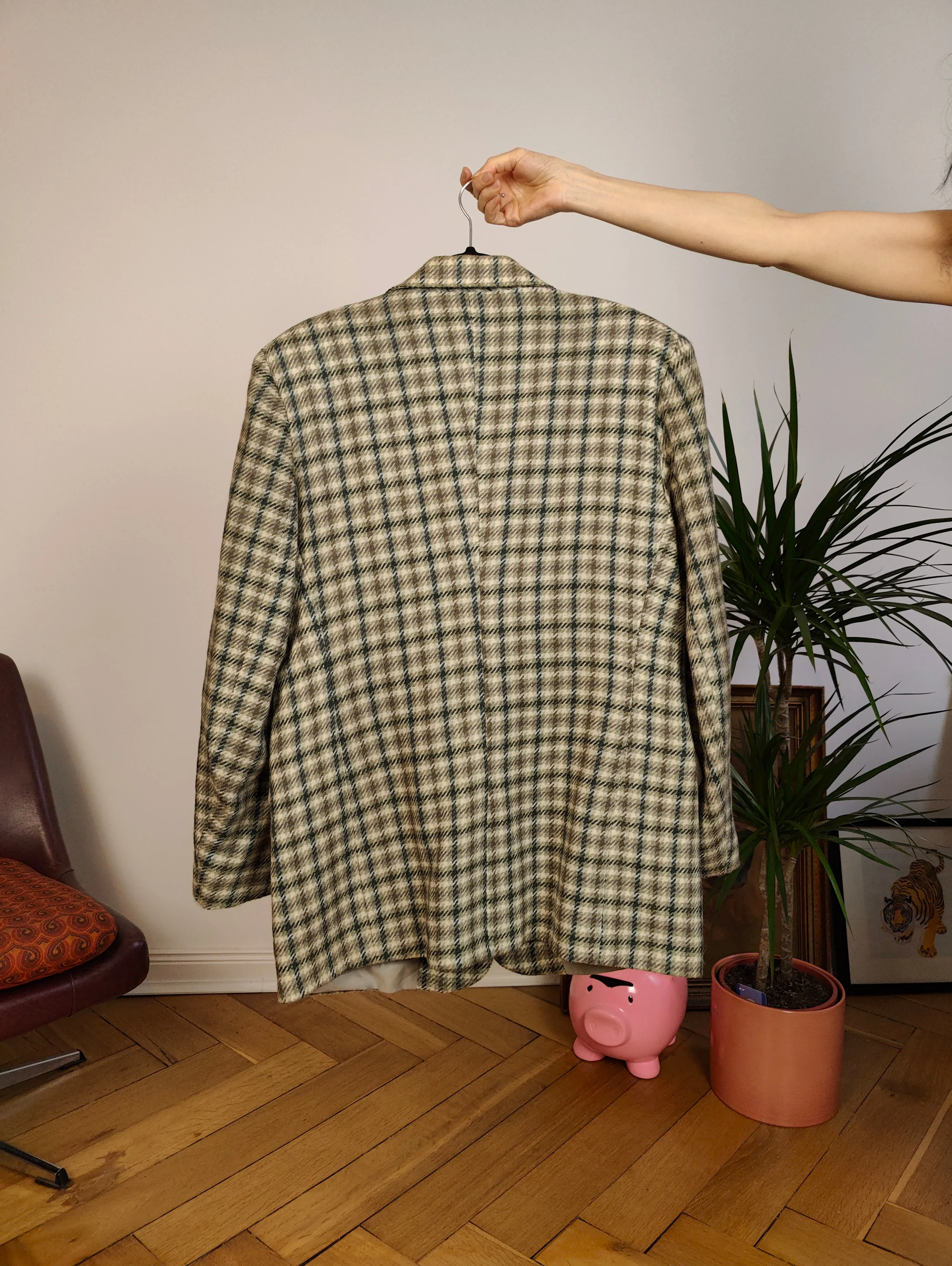 Vintage 100% wool blazer sage green beige check checker pattern pattern jacket women L
