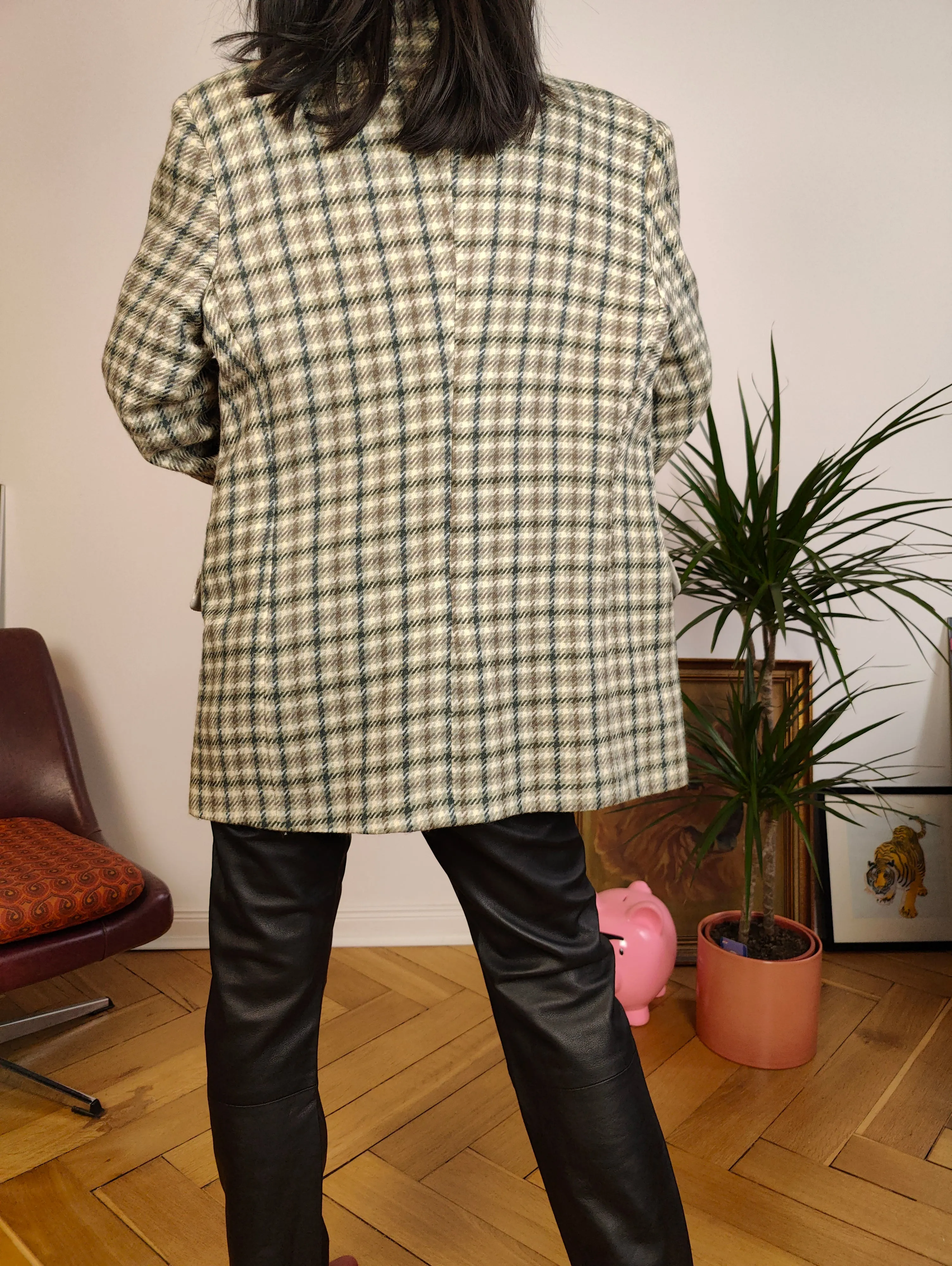 Vintage 100% wool blazer sage green beige check checker pattern pattern jacket women L