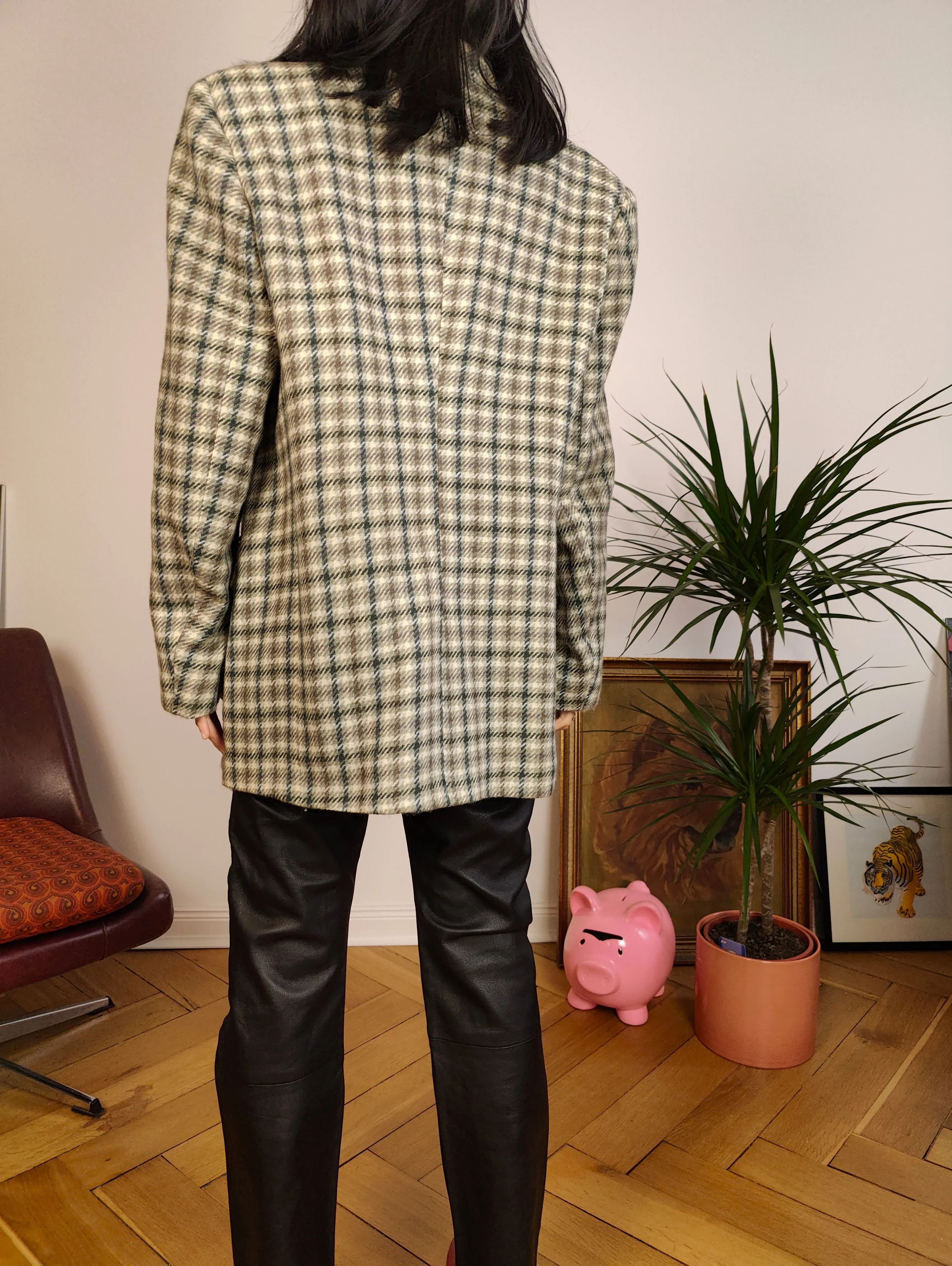 Vintage 100% wool blazer sage green beige check checker pattern pattern jacket women L