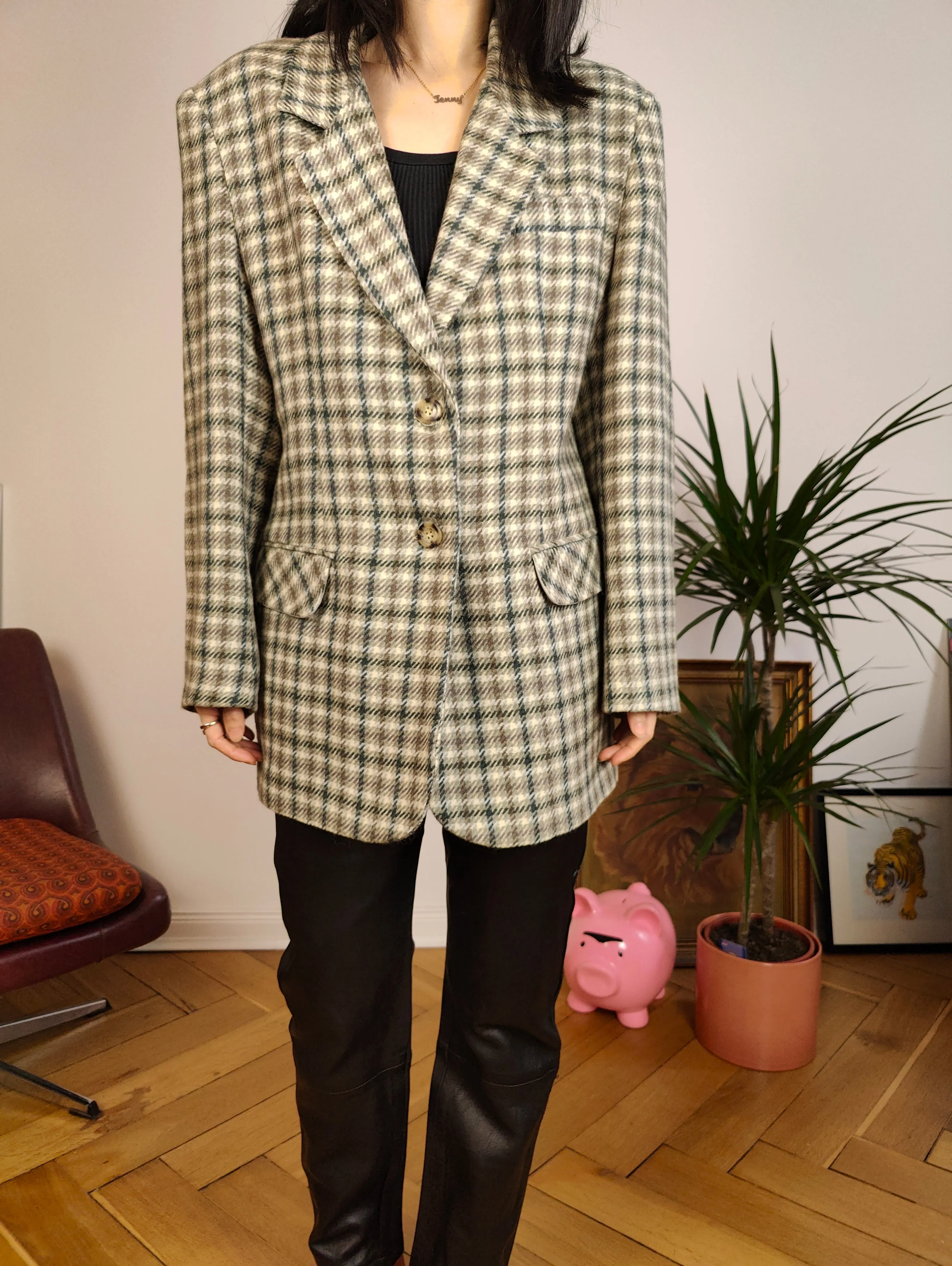 Vintage 100% wool blazer sage green beige check checker pattern pattern jacket women L