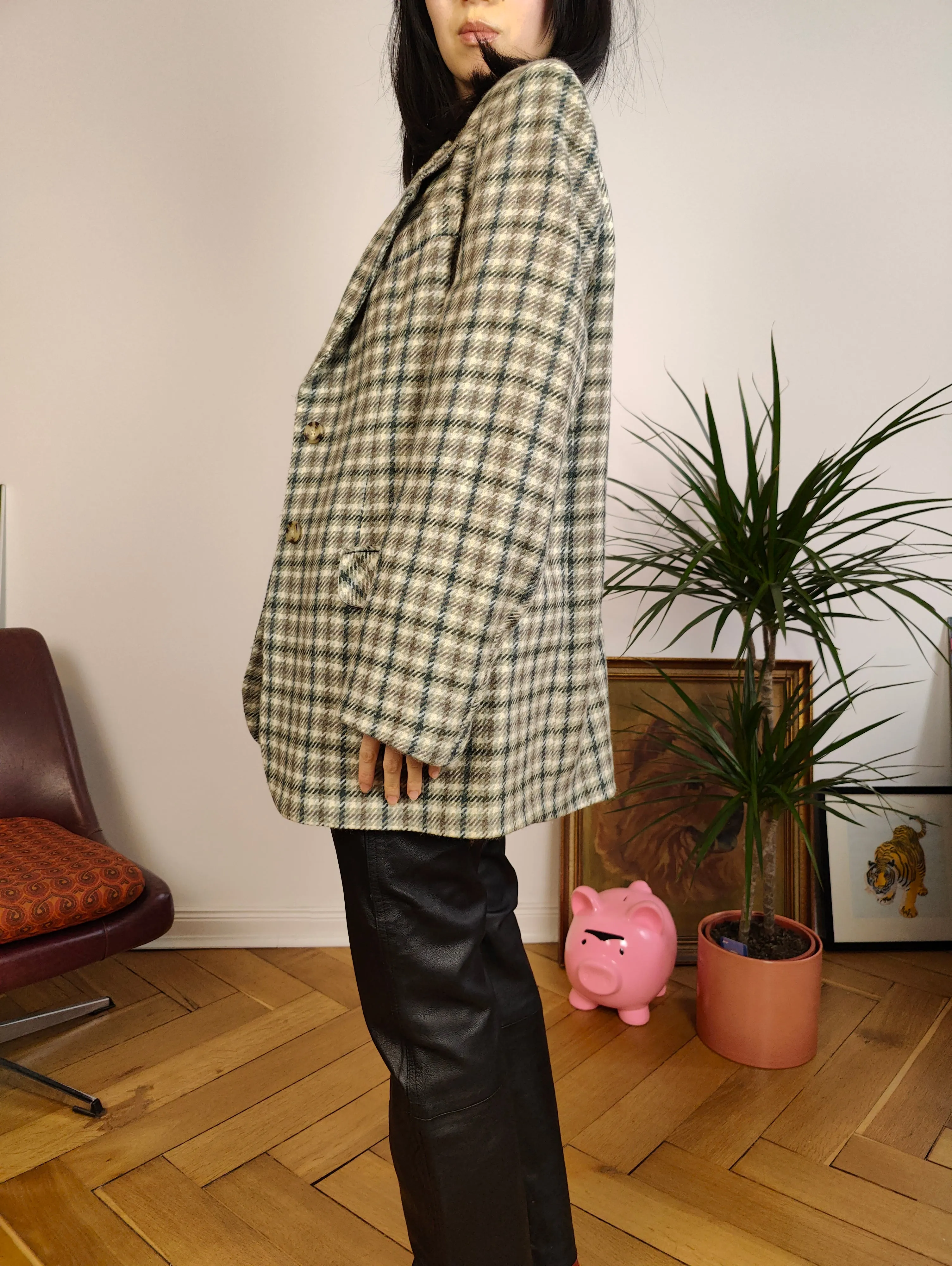 Vintage 100% wool blazer sage green beige check checker pattern pattern jacket women L