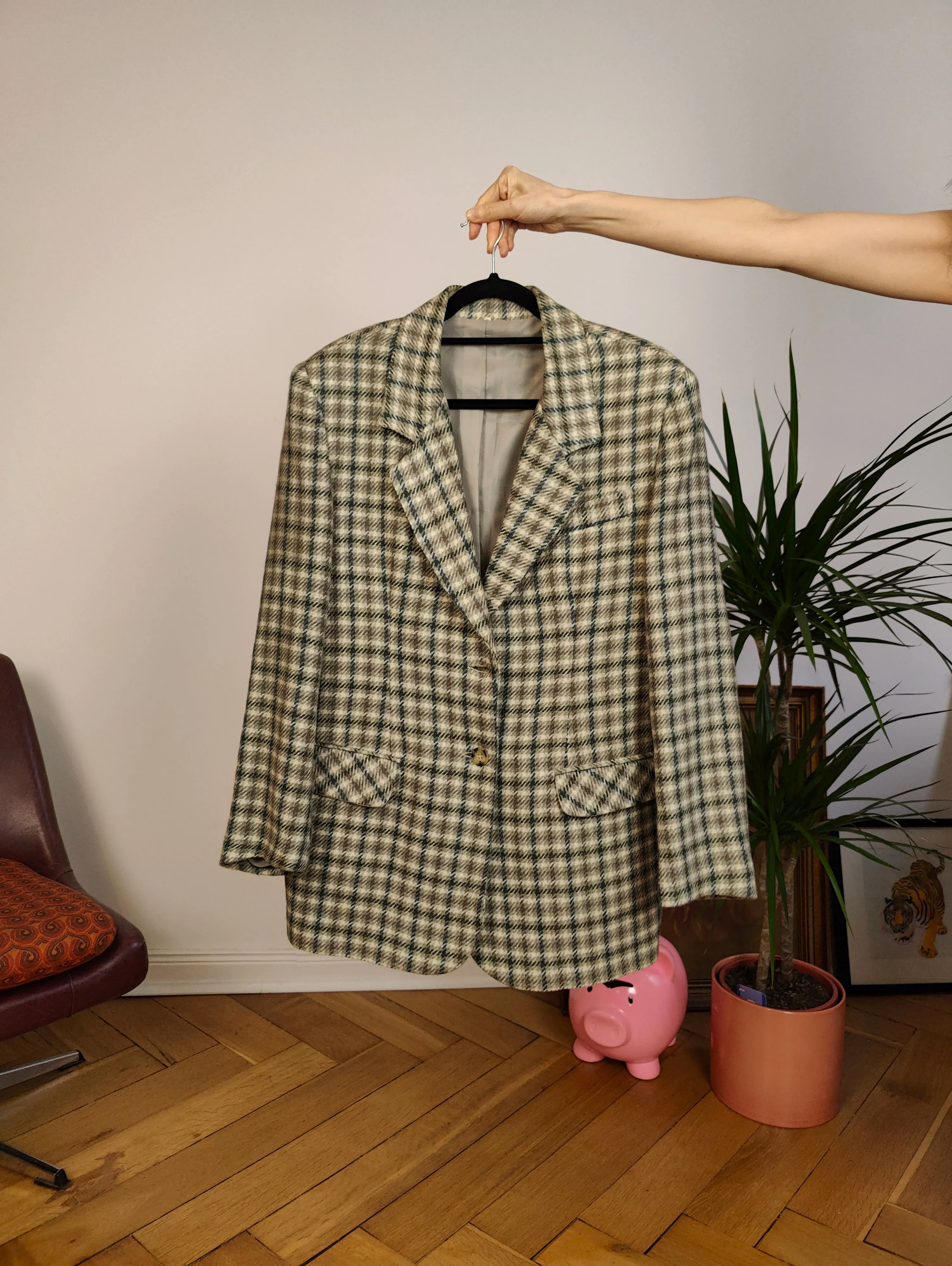 Vintage 100% wool blazer sage green beige check checker pattern pattern jacket women L