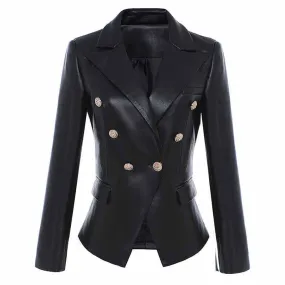 Women Double Breasted Short PU Leather Jacket Slim Fitted Blazer