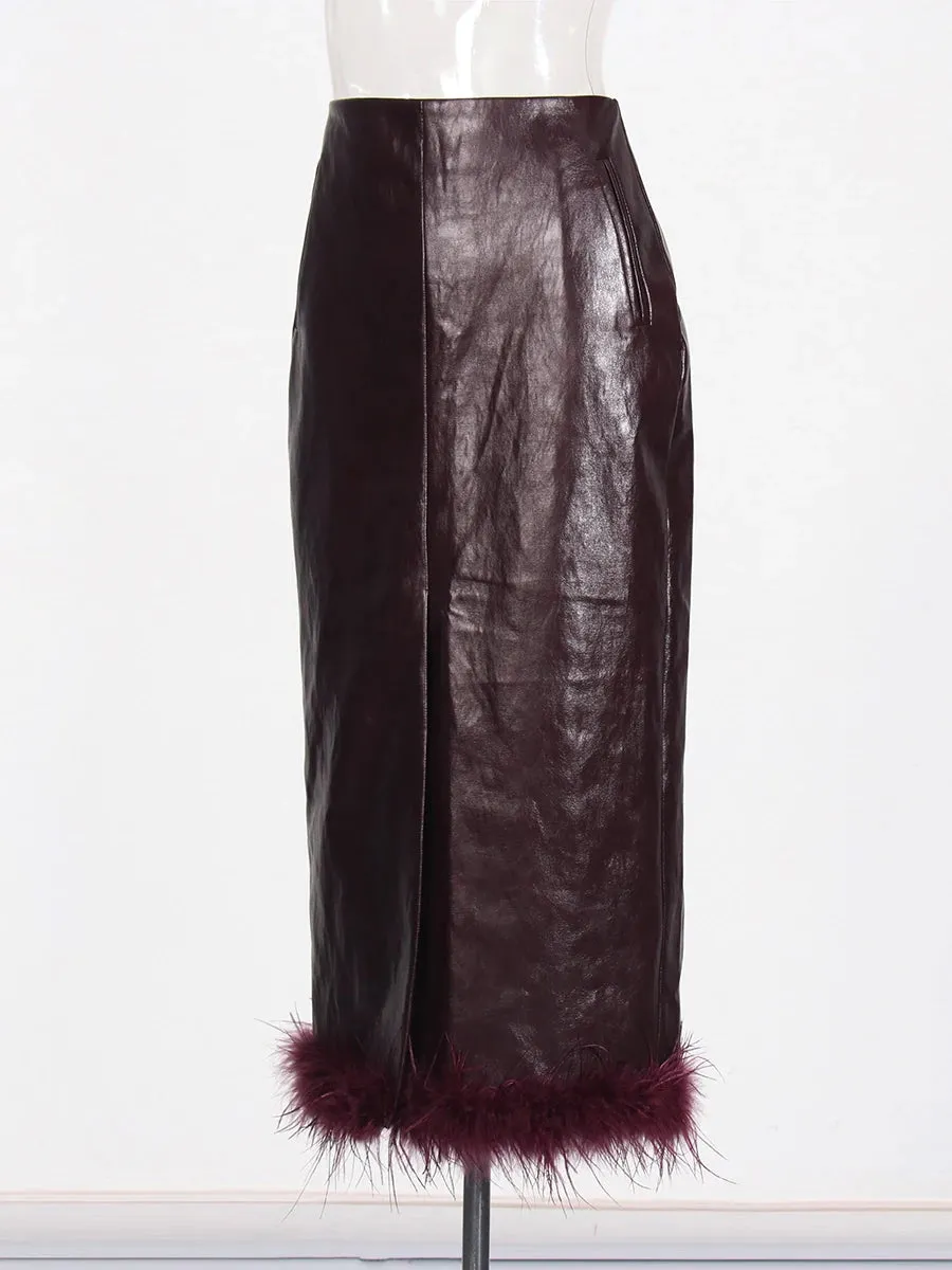 Women High Waist PU Leather Feathers Long Skirt