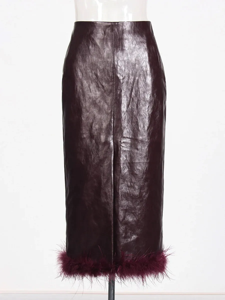 Women High Waist PU Leather Feathers Long Skirt