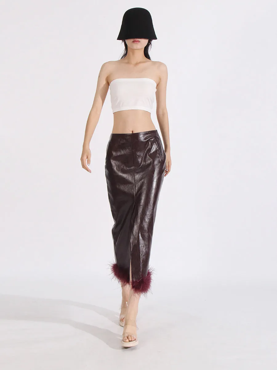 Women High Waist PU Leather Feathers Long Skirt