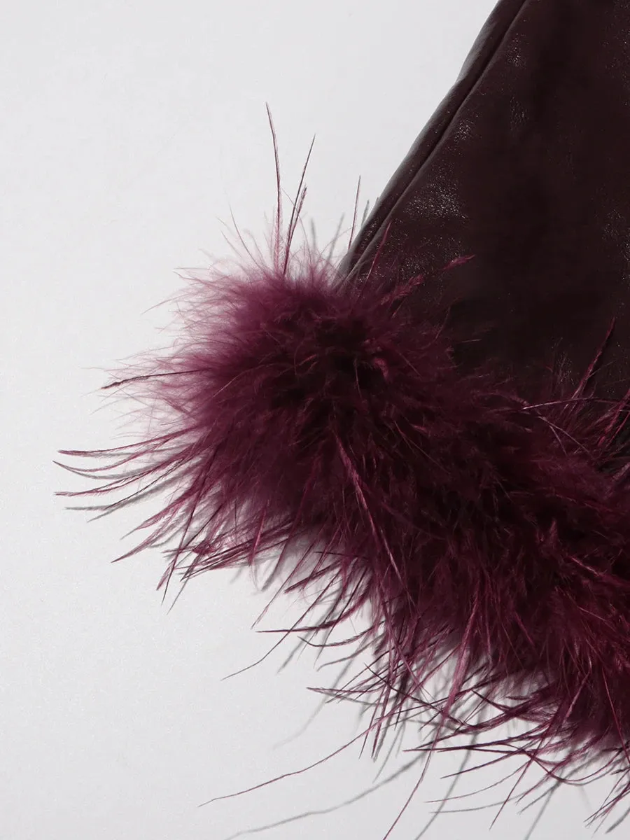 Women High Waist PU Leather Feathers Long Skirt