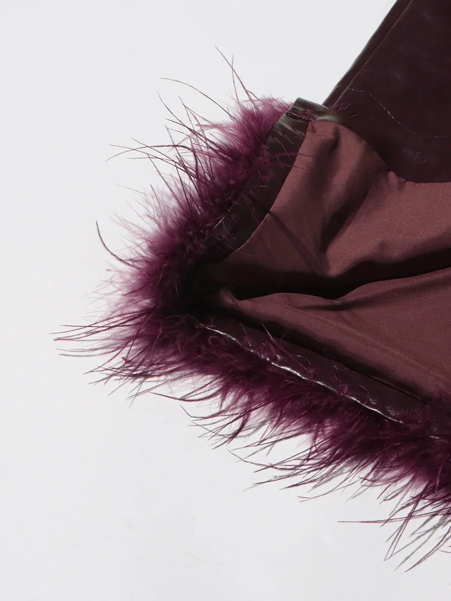Women High Waist PU Leather Feathers Long Skirt