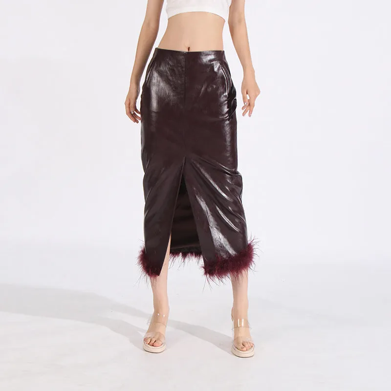 Women High Waist PU Leather Feathers Long Skirt