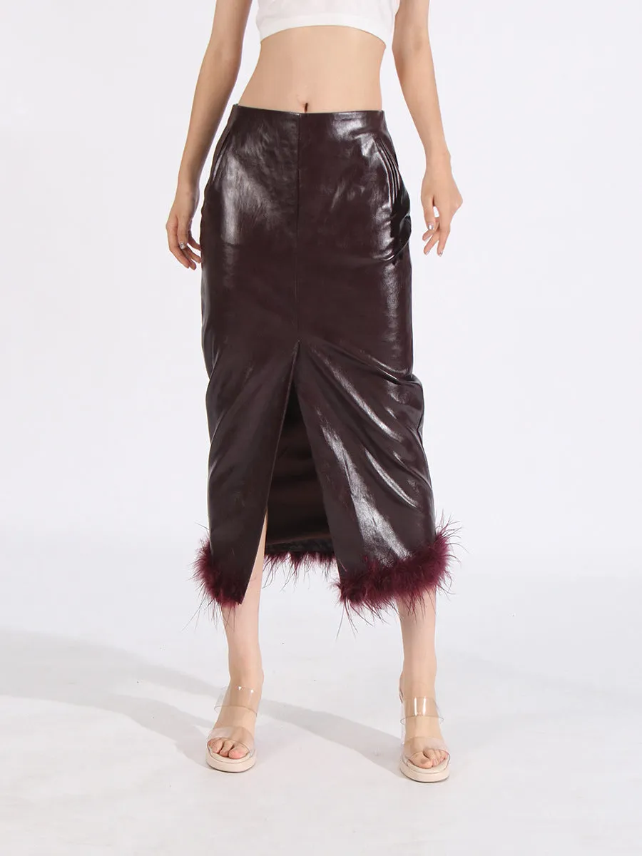 Women High Waist PU Leather Feathers Long Skirt