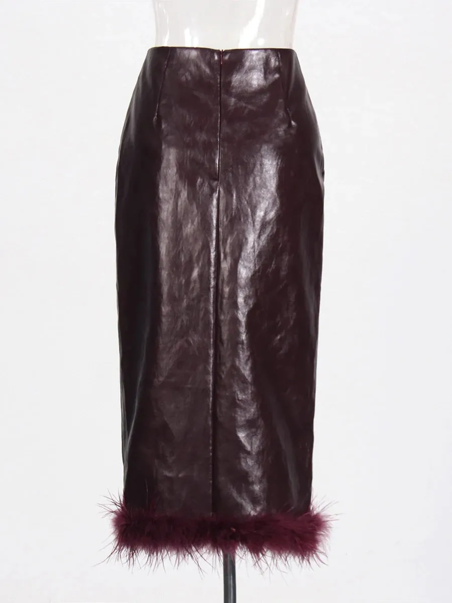 Women High Waist PU Leather Feathers Long Skirt