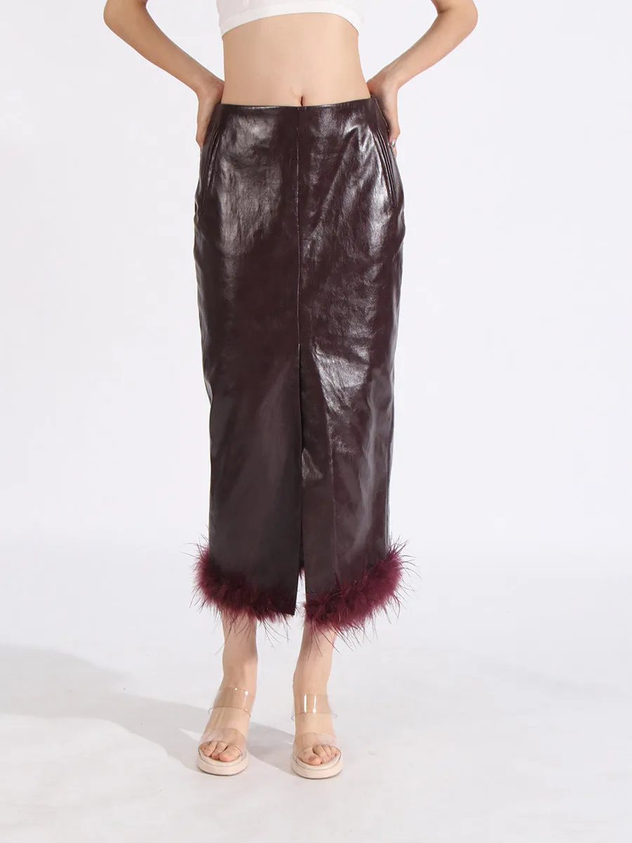 Women High Waist PU Leather Feathers Long Skirt