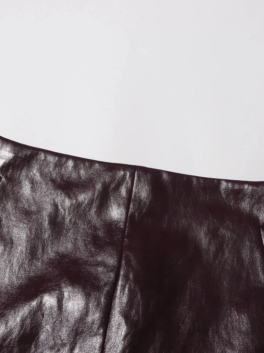 Women High Waist PU Leather Feathers Long Skirt