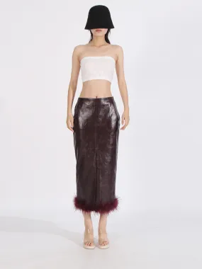 Women High Waist PU Leather Feathers Long Skirt