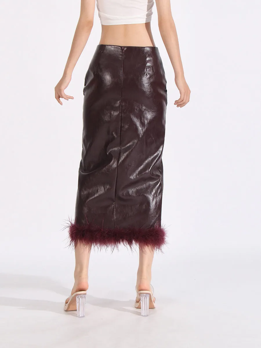 Women High Waist PU Leather Feathers Long Skirt