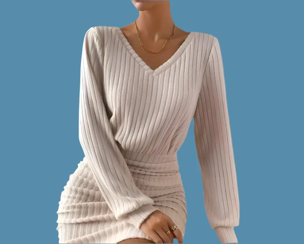 Women's Autumn/Winter Warm Bodycon Knitted V-Neck Wrap Style Mini Sweater Dress