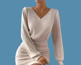 Women's Autumn/Winter Warm Bodycon Knitted V-Neck Wrap Style Mini Sweater Dress