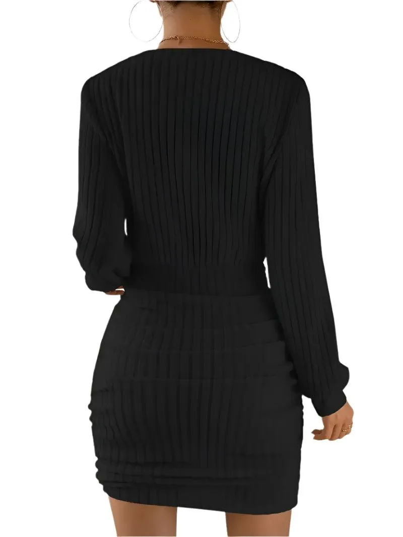 Women's Autumn/Winter Warm Bodycon Knitted V-Neck Wrap Style Mini Sweater Dress