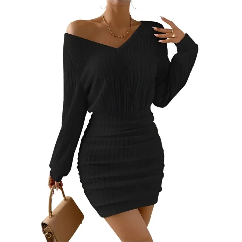 Women's Autumn/Winter Warm Bodycon Knitted V-Neck Wrap Style Mini Sweater Dress