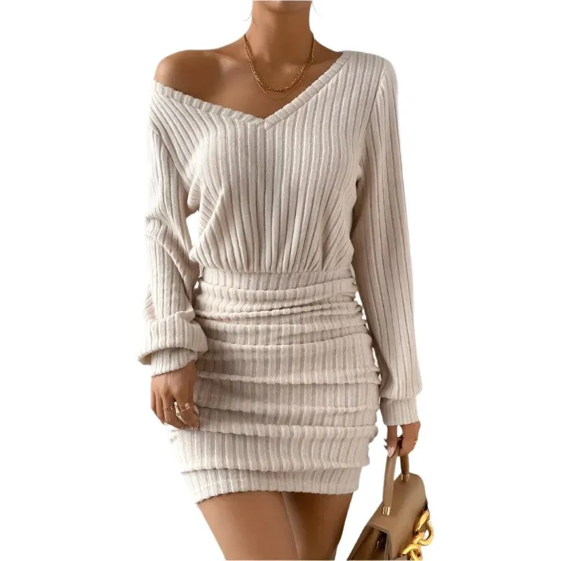 Women's Autumn/Winter Warm Bodycon Knitted V-Neck Wrap Style Mini Sweater Dress