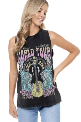 World Tour Rock & Roll Black Mineral Washed Graphic Tank
